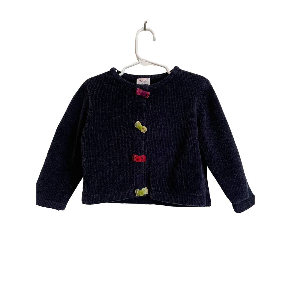 Talbots Kids blue chenille, long sleeve cardigan sweater warm bows. Size 24 mon.
